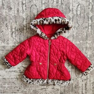Pistachio 2T Girl's Red Puffer Coat with Faux Fur Animal Print Trim